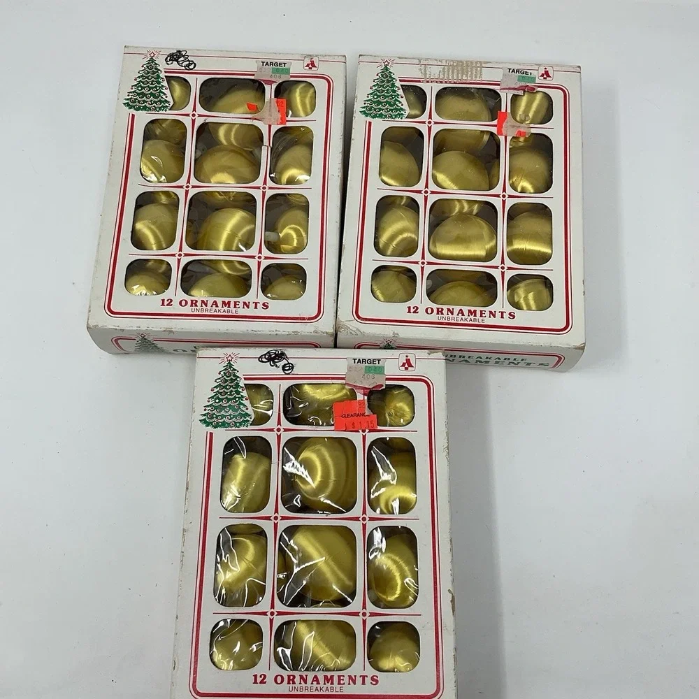 VTG‎ Essex Franke Gold Satin Unbreakable Christmas Ornaments 3 Boxes 12 Each USA